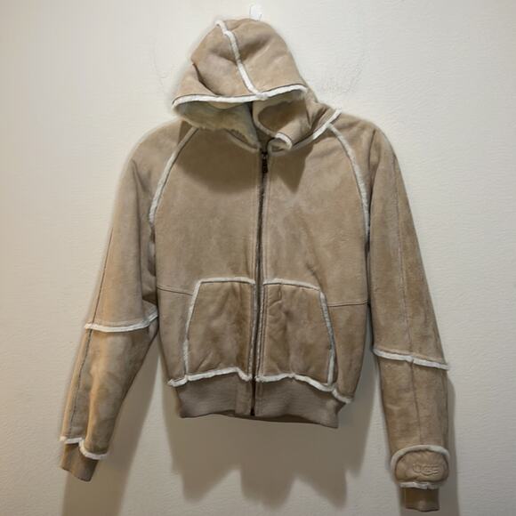 UGG Suede Leather Hooded Bomber Jacket Size M - Picture 2 of 10